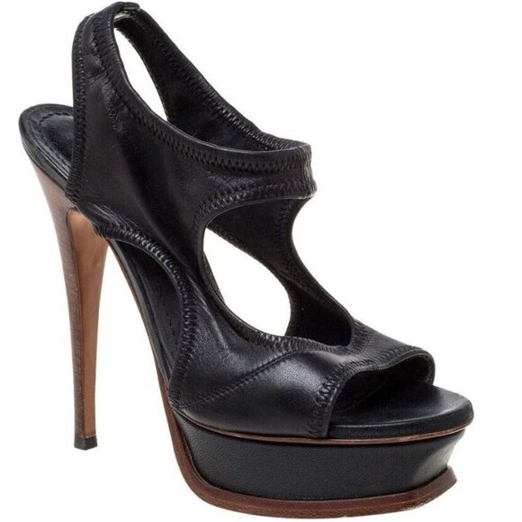 YSL Soft Black Leather Open Toe Platform Heels Size 37.5 Yves Saint Laurent - Picture 1 of 9